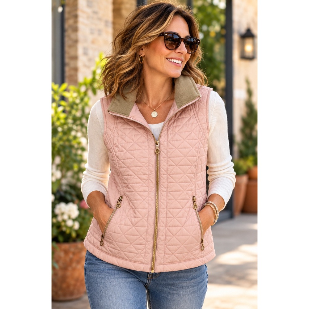 Marc New York Andrew Marc Blush Pink Diamond Quilted Puffer Vest Small Gold Zip